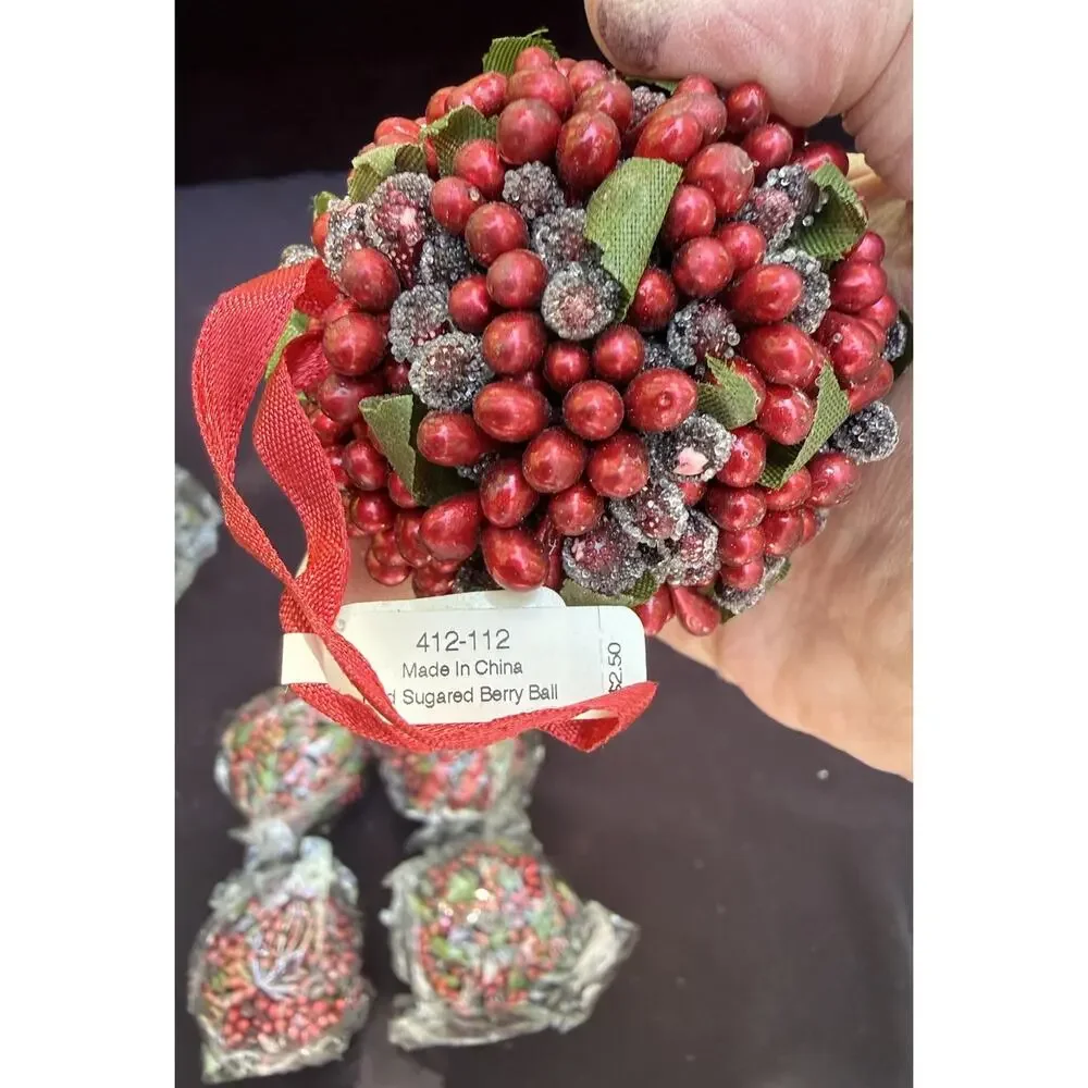 6 CRATE & BARREL Christmas Ornament Red Sugared Berry Ball New Tag 412-112 -46D